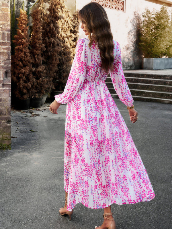 Floral Dresses- Autumn Floral Ruffle Waist V Neck Maxi Dress- - IndioGear Fashion and Gear