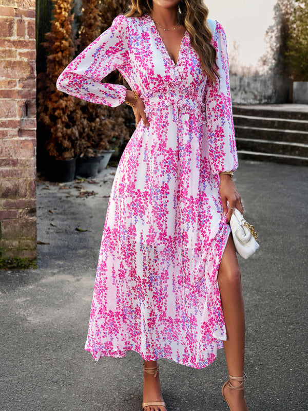 Floral Dresses- Autumn Floral Ruffle Waist V Neck Maxi Dress- - IndioGear Fashion and Gear