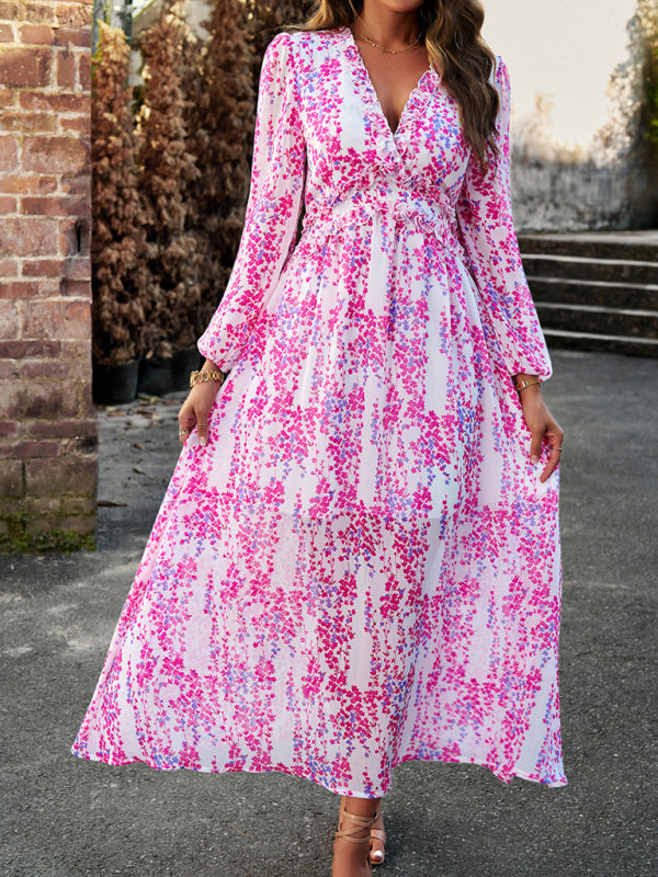 Floral Dresses- Autumn Floral Ruffle Waist V Neck Maxi Dress- - IndioGear Fashion and Gear