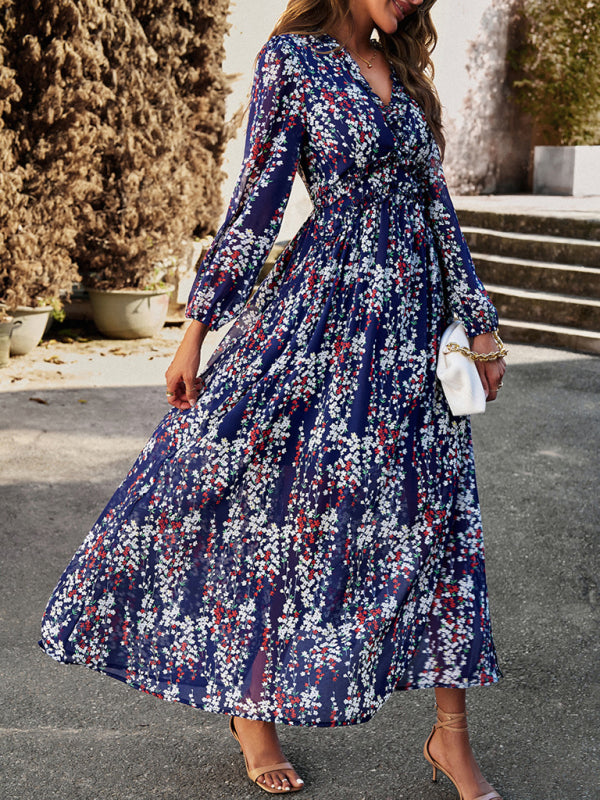 Floral Dresses- Autumn Floral Ruffle Waist V Neck Maxi Dress- - IndioGear Fashion and Gear