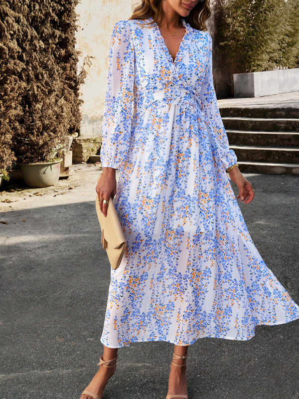 Floral Dresses- Autumn Floral Ruffle Waist V Neck Maxi Dress- - IndioGear Fashion and Gear