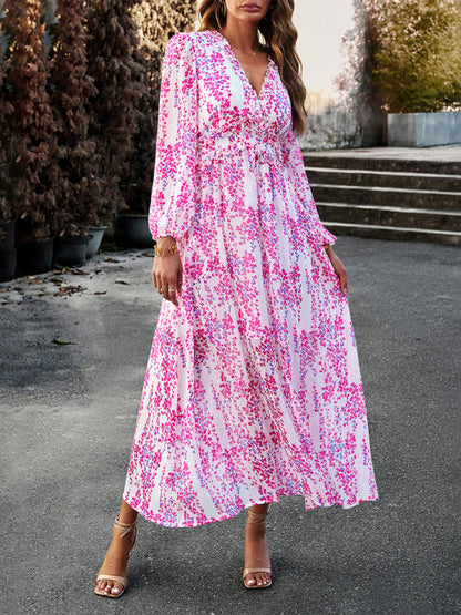 Floral Dresses- Autumn Floral Ruffle Waist V Neck Maxi Dress- Rose- IndioGear Fashion and Gear