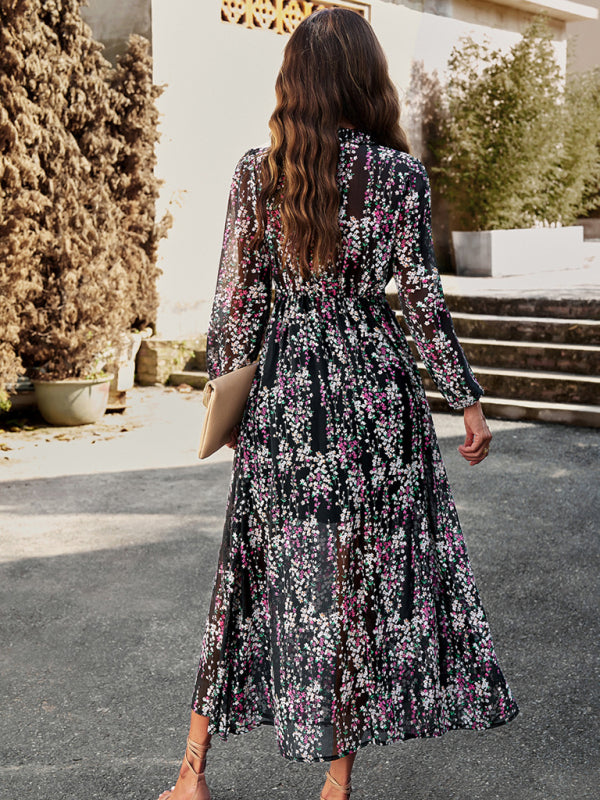 Floral Dresses- Autumn Floral Ruffle Waist V Neck Maxi Dress- - IndioGear Fashion and Gear