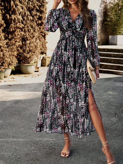 Floral Dresses- Autumn Floral Ruffle Waist V Neck Maxi Dress- Black- IndioGear Fashion and Gear