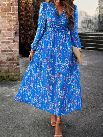 Floral Dresses- Autumn Floral Ruffle Waist V Neck Maxi Dress- Blue- IndioGear Fashion and Gear