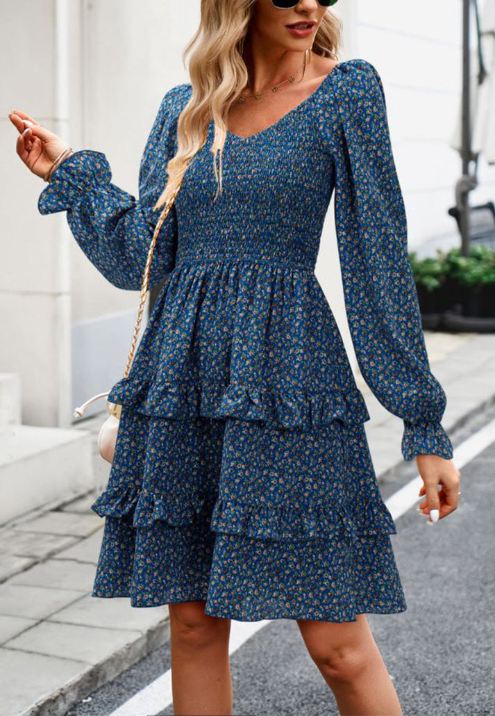 Floral Dresses- Boho Floral Lantern Sleeve Tiered Smocked Swing Dress- - Pekosa Women Clothing