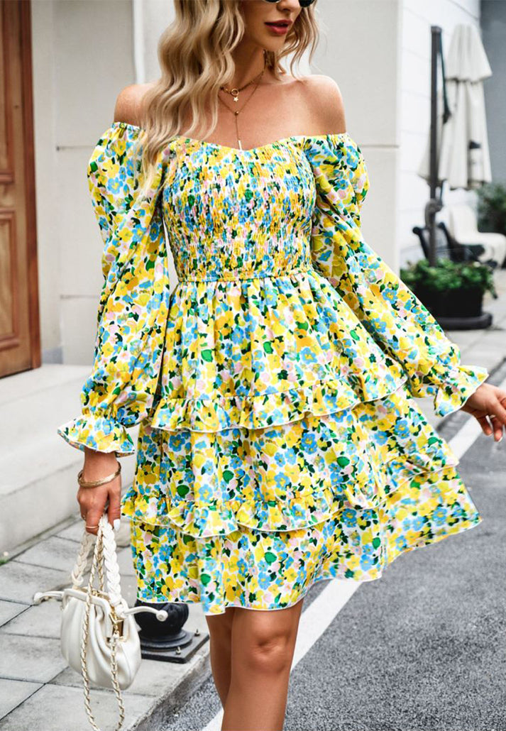 Floral Dresses- Boho Floral Lantern Sleeve Tiered Smocked Swing Dress- - Pekosa Women Clothing