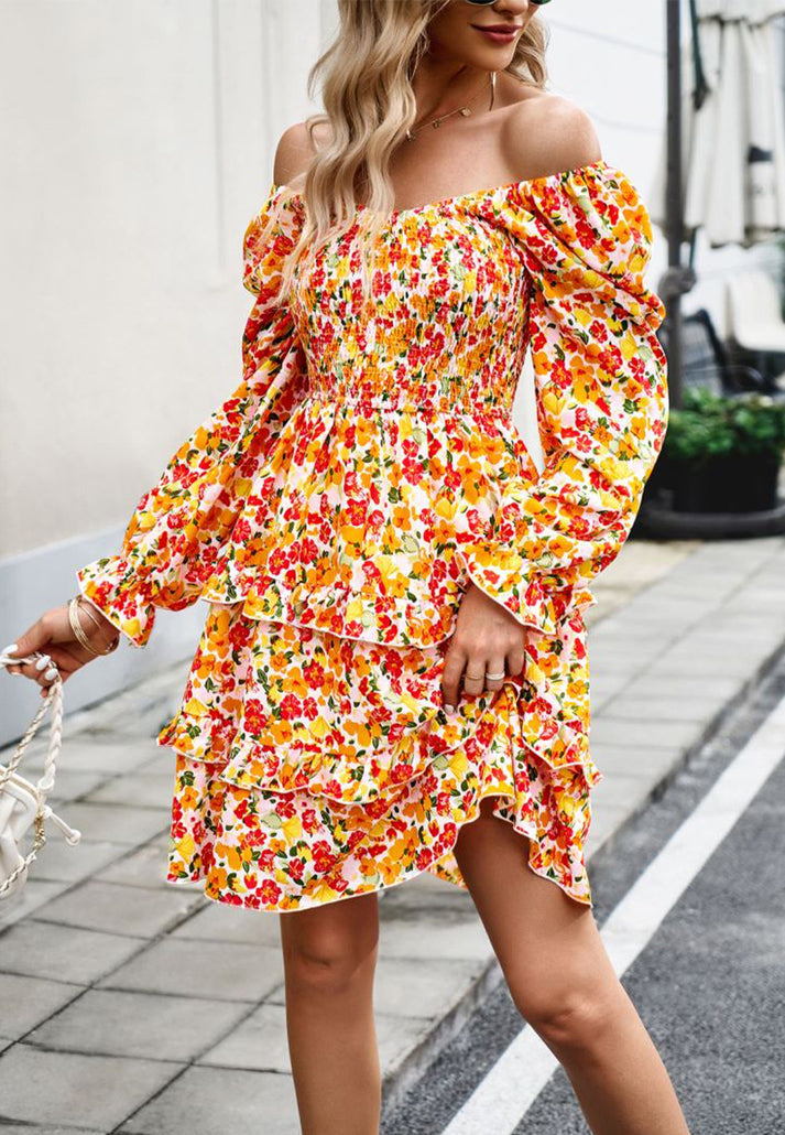 Floral Dresses- Boho Floral Lantern Sleeve Tiered Smocked Swing Dress- - Pekosa Women Clothing