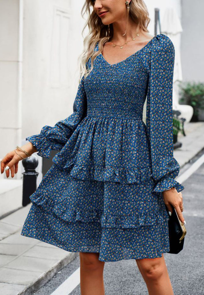 Floral Dresses- Boho Floral Lantern Sleeve Tiered Smocked Swing Dress- - Pekosa Women Clothing