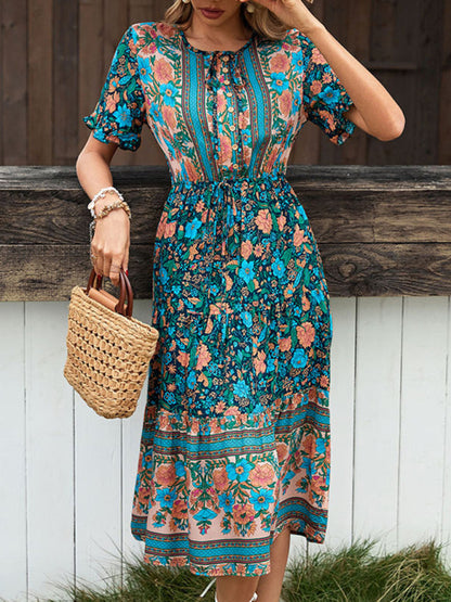 Floral Dresses- Boho Floral Midi Dress with Drawstring Waist, Ruffle Trim, Half Button- Purplish blue navy- Pekosa Women Clothing