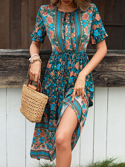 Floral Dresses- Boho Floral Midi Dress with Drawstring Waist, Ruffle Trim, Half Button- - Pekosa Women Clothing