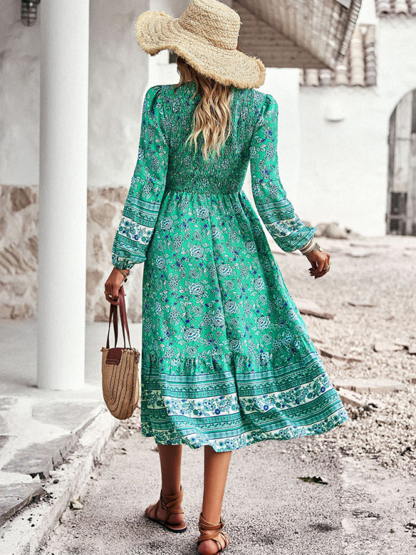 Floral Dresses- Boho Floral Smocked Bodice Midi Dress with Long Sleeves- Chuzko Women Clothing