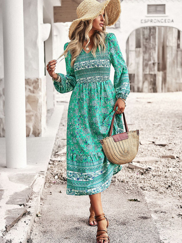 Floral Dresses- Boho Floral Smocked Bodice Midi Dress with Long Sleeves- Chuzko Women Clothing