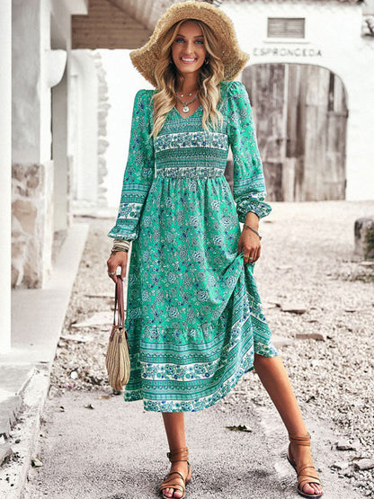 Floral Dresses- Boho Floral Smocked Bodice Midi Dress with Long Sleeves- Chuzko Women Clothing