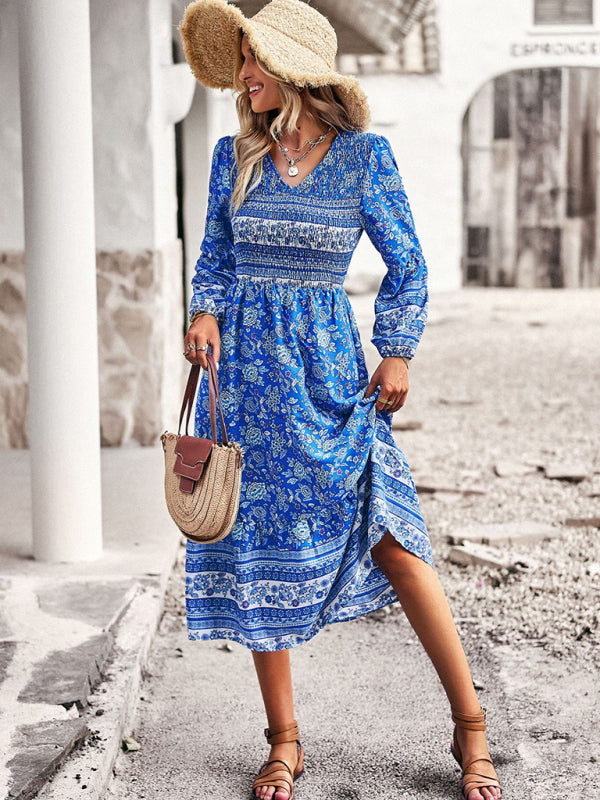 Floral Dresses- Boho Floral Smocked Bodice Midi Dress with Long Sleeves- Chuzko Women Clothing