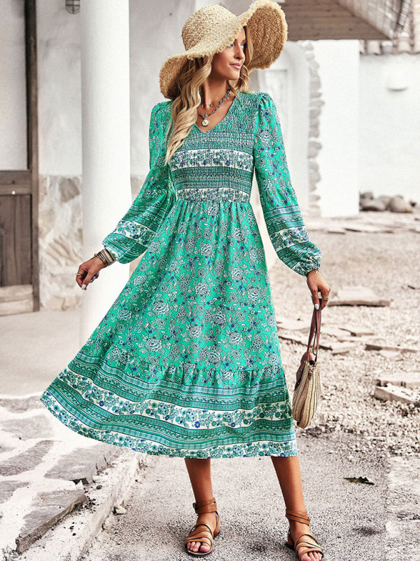 Floral Dresses- Boho Floral Smocked Bodice Midi Dress with Long Sleeves- Chuzko Women Clothing