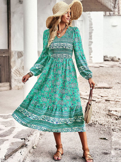 Floral Dresses- Boho Floral Smocked Bodice Midi Dress with Long Sleeves- Chuzko Women Clothing