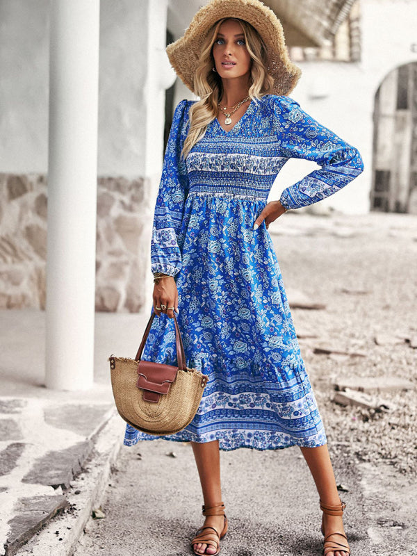 Floral Dresses- Boho Floral Smocked Bodice Midi Dress with Long Sleeves- Chuzko Women Clothing