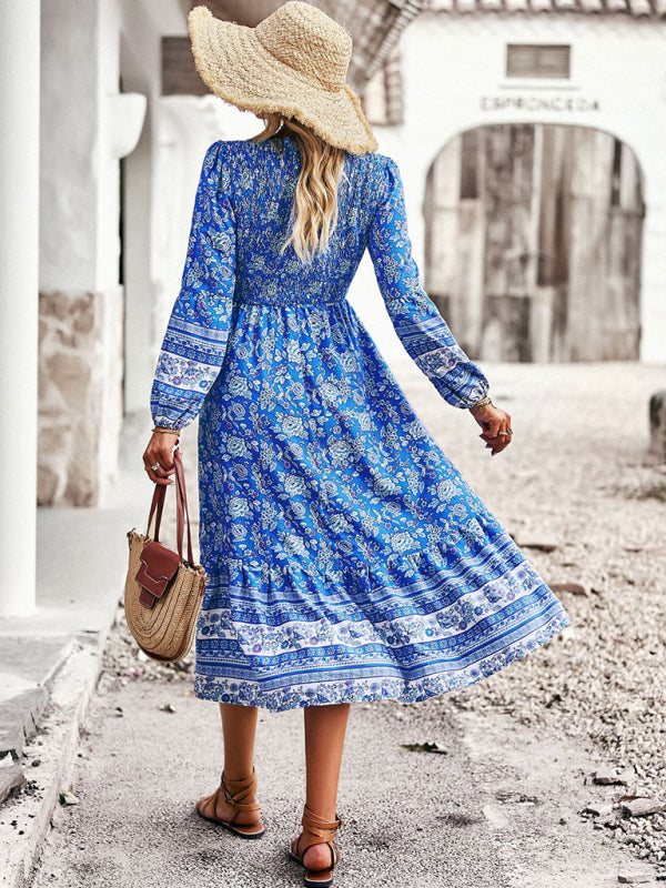 Floral Dresses- Boho Floral Smocked Bodice Midi Dress with Long Sleeves- Chuzko Women Clothing