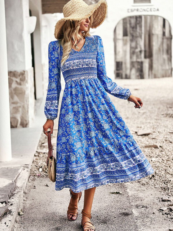 Floral Dresses- Boho Floral Smocked Bodice Midi Dress with Long Sleeves- Chuzko Women Clothing