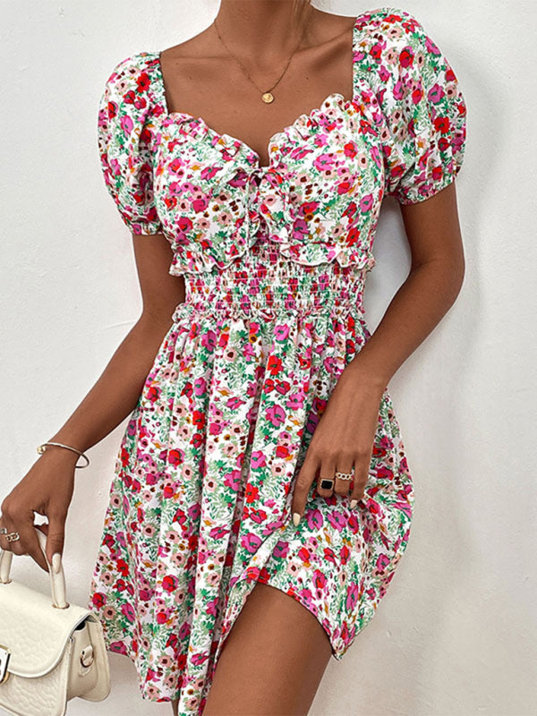 Floral Dresses- Boho Floral Sweetheart A-Line Sundress with Puff Sleeves- - IndioGear Fashion and Gear