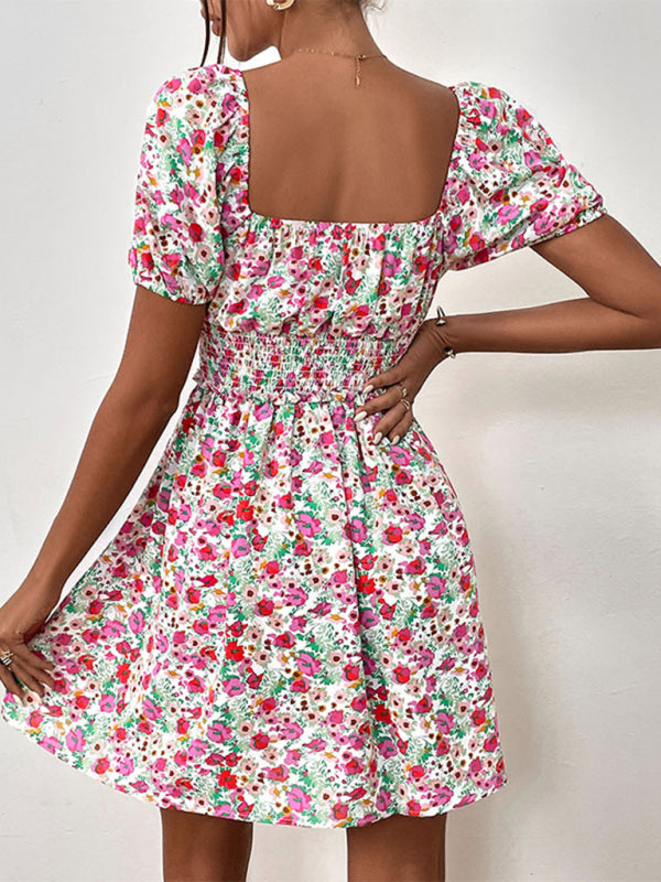 Floral Dresses- Boho Floral Sweetheart A-Line Sundress with Puff Sleeves- - IndioGear Fashion and Gear