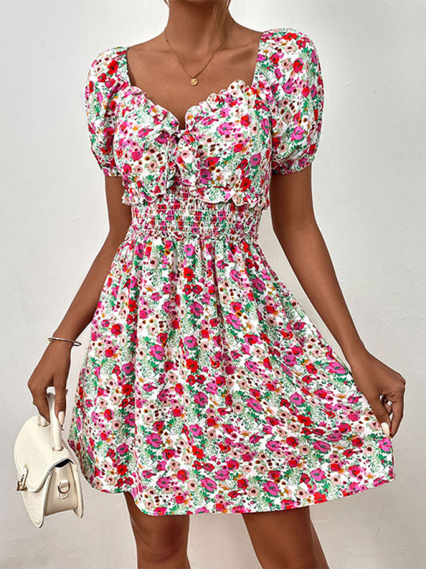 Floral Dresses- Boho Floral Sweetheart A-Line Sundress with Puff Sleeves- Rose- IndioGear Fashion and Gear