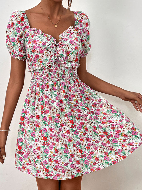 Floral Dresses- Boho Floral Sweetheart A-Line Sundress with Puff Sleeves- - IndioGear Fashion and Gear