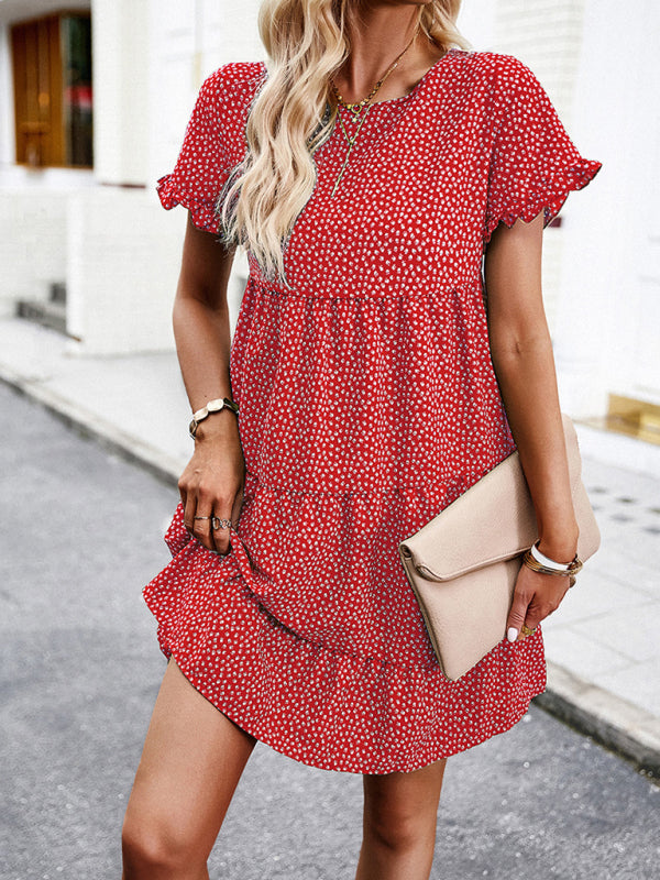 Floral Dresses- Boho Floral Tiered Dress: Ruffle Accents, Ditsy Print- Red- Pekosa Women Clothing