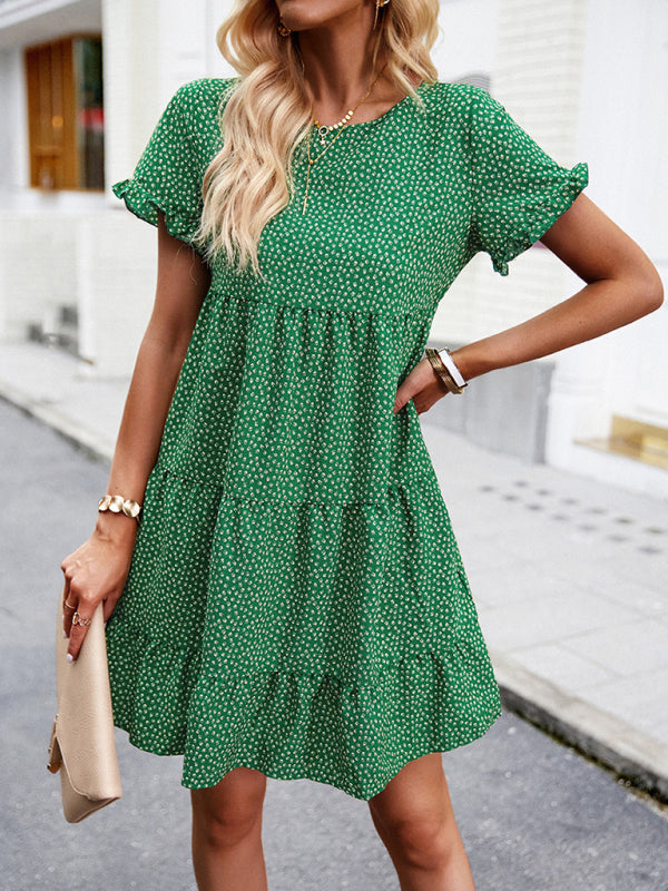 Floral Dresses- Boho Floral Tiered Dress: Ruffle Accents, Ditsy Print- Green- Pekosa Women Clothing