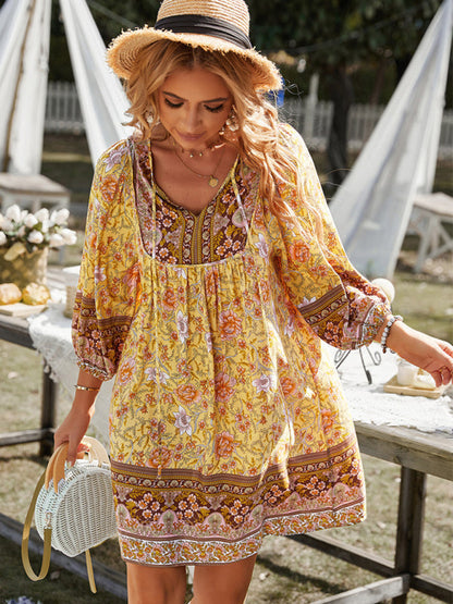 Floral Dresses- Boho Women's Floral Mini Dress with Versatile Drawstring V Neck- Yellow- Pekosa Women Clothing