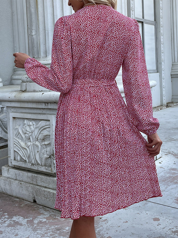 Floral Dresses- Ditsy Floral Midi Dress: Belted, Long Sleeve, Pleated- - IndioGear Fashion and Gear