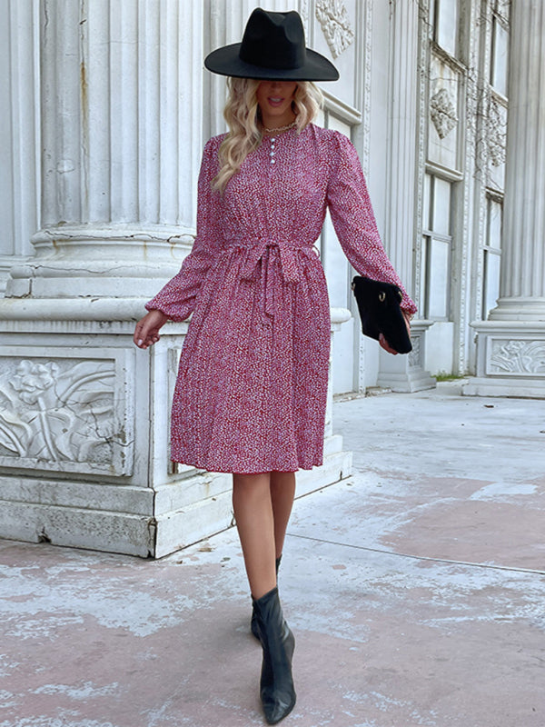 Floral Dresses- Ditsy Floral Midi Dress: Belted, Long Sleeve, Pleated- - IndioGear Fashion and Gear