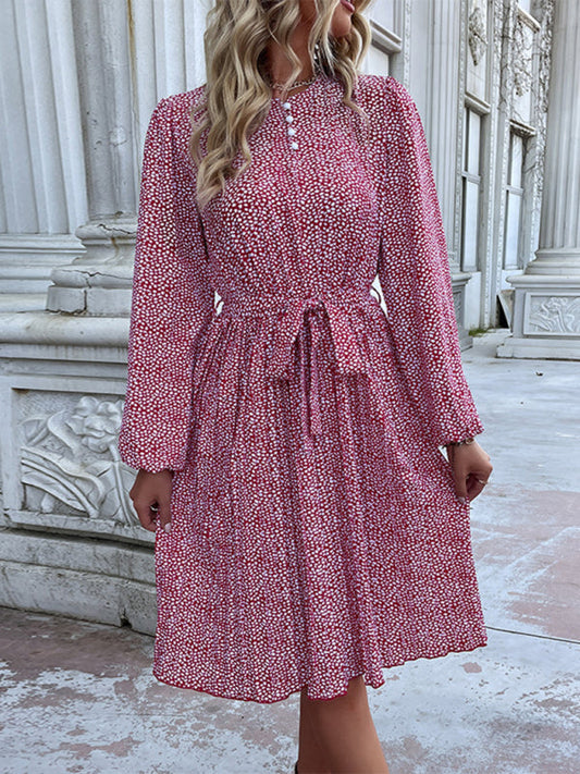 Floral Dresses- Ditsy Floral Midi Dress: Belted, Long Sleeve, Pleated- Wine Red- IndioGear Fashion and Gear