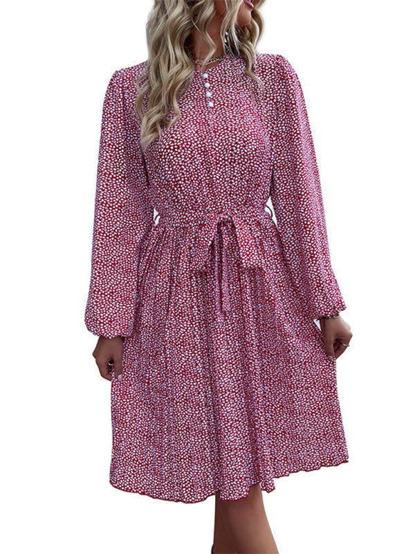 Floral Dresses- Ditsy Floral Midi Dress: Belted, Long Sleeve, Pleated- - IndioGear Fashion and Gear