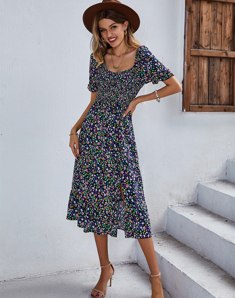 Floral Dresses- Ditsy Floral Scoop Neck Midi Dress with Slit Side & Shirred Bodice- - Pekosa Women Clothing