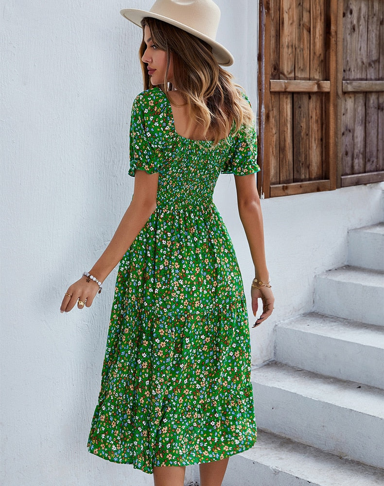 Floral Dresses- Ditsy Floral Scoop Neck Midi Dress with Slit Side & Shirred Bodice- - Pekosa Women Clothing