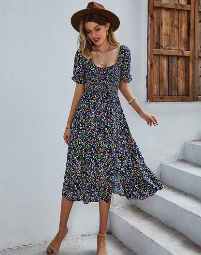 Floral Dresses- Ditsy Floral Scoop Neck Midi Dress with Slit Side & Shirred Bodice- - Pekosa Women Clothing