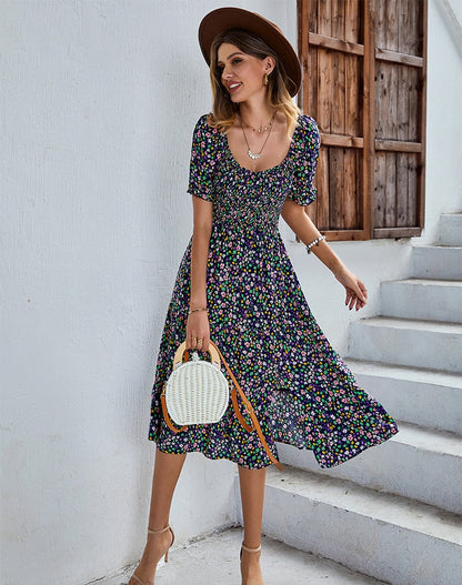 Floral Dresses- Ditsy Floral Scoop Neck Midi Dress with Slit Side & Shirred Bodice- - Pekosa Women Clothing