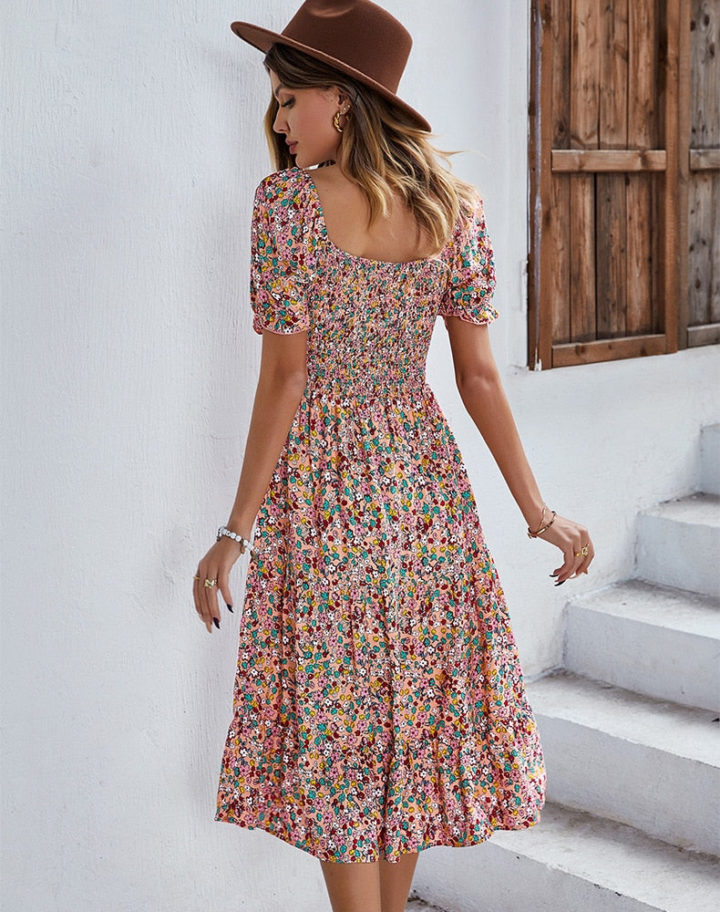 Floral Dresses- Ditsy Floral Scoop Neck Midi Dress with Slit Side & Shirred Bodice- - Pekosa Women Clothing