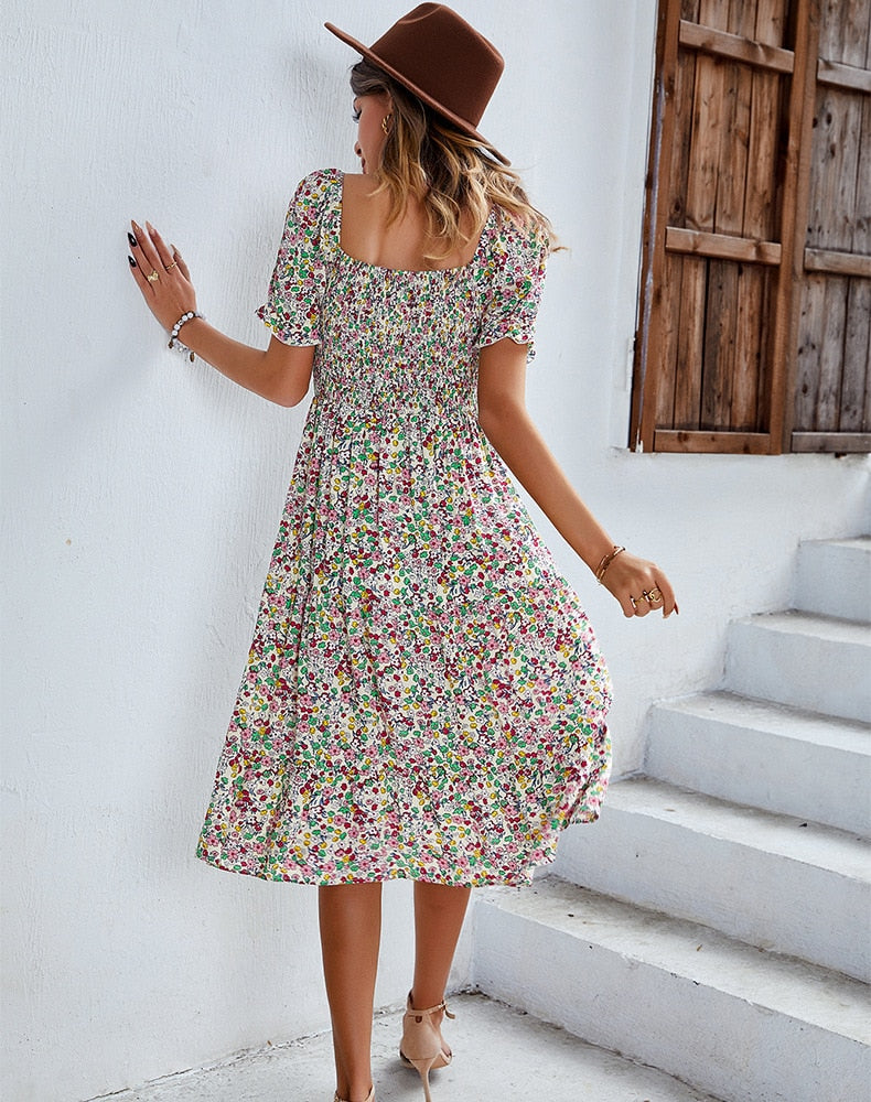 Floral Dresses- Ditsy Floral Scoop Neck Midi Dress with Slit Side & Shirred Bodice- - Pekosa Women Clothing