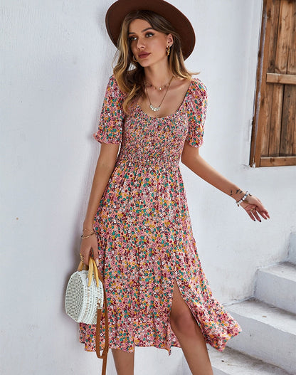 Floral Dresses- Ditsy Floral Scoop Neck Midi Dress with Slit Side & Shirred Bodice- - Pekosa Women Clothing