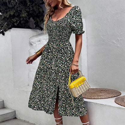 Floral Dresses- Ditsy Floral Scoop Neck Midi Dress with Slit Side & Shirred Bodice- Black- Pekosa Women Clothing