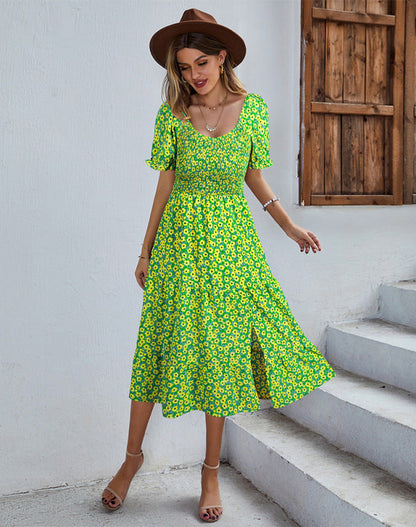 Floral Dresses- Ditsy Floral Scoop Neck Midi Dress with Slit Side & Shirred Bodice- Lemon Green- Pekosa Women Clothing