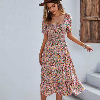 Floral Dresses- Ditsy Floral Scoop Neck Midi Dress with Slit Side & Shirred Bodice- Pink- Pekosa Women Clothing