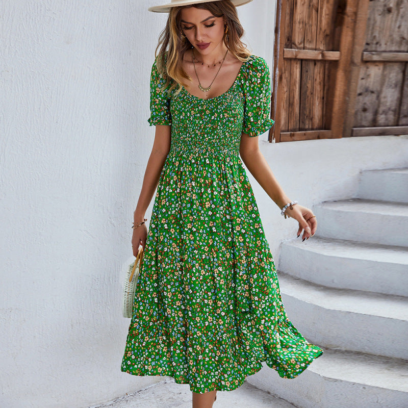 Floral Dresses- Ditsy Floral Scoop Neck Midi Dress with Slit Side & Shirred Bodice- Green- Pekosa Women Clothing