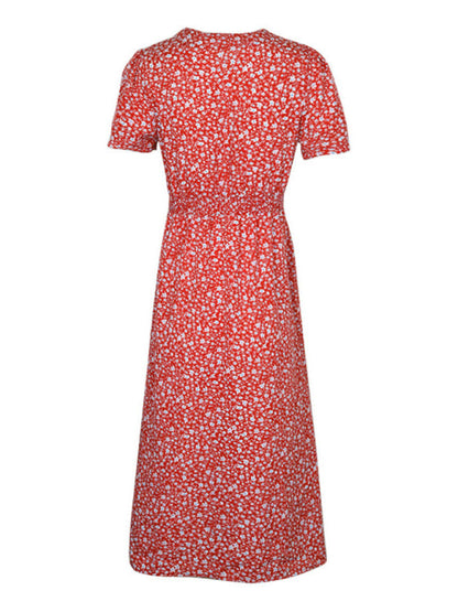 Floral Dresses- Ditsy Floral V-Neck Button-Up Midi Dress with Tie Waist- - IndioGear Fashion and Gear