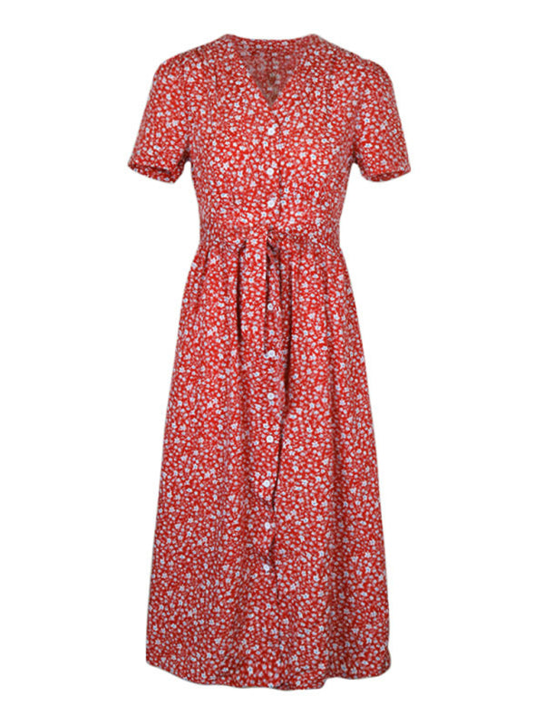 Floral Dresses- Ditsy Floral V-Neck Button-Up Midi Dress with Tie Waist- - IndioGear Fashion and Gear