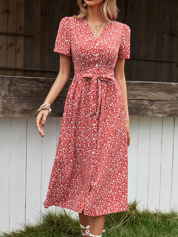 Floral Dresses- Ditsy Floral V-Neck Button-Up Midi Dress with Tie Waist- - IndioGear Fashion and Gear