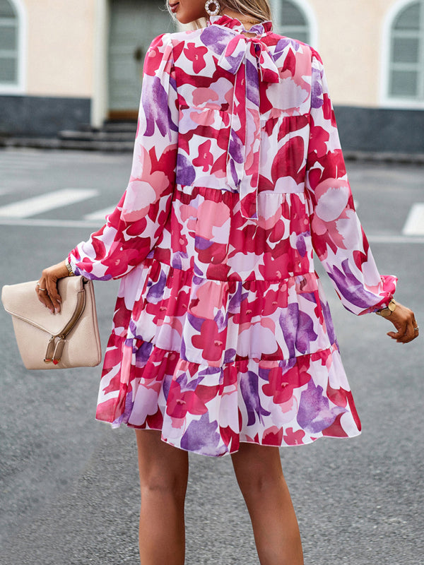 Floral Dresses- Elegant Women's Floral Tiered Dress with Long Lantern Sleeve- - Pekosa Women Clothing